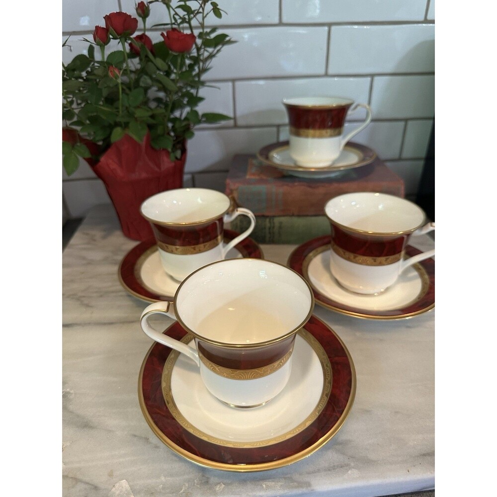 Retired Set 4 Coffee Tea Cups Saucers Noritake Hemingway Red Gold Mint!